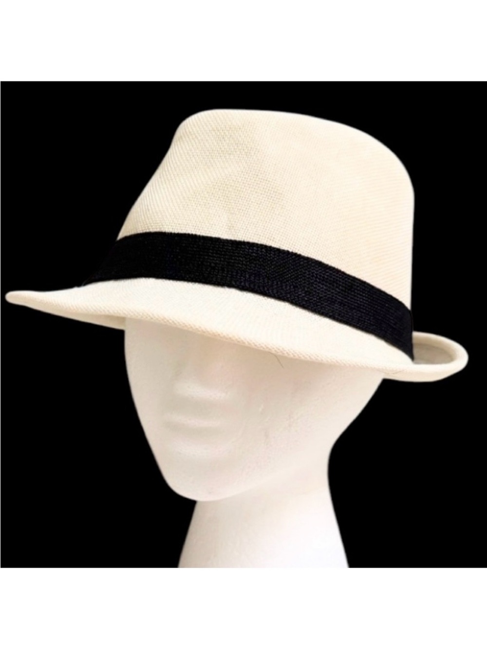 Vintage cream off-white black trim woven fabric fedora hat one size